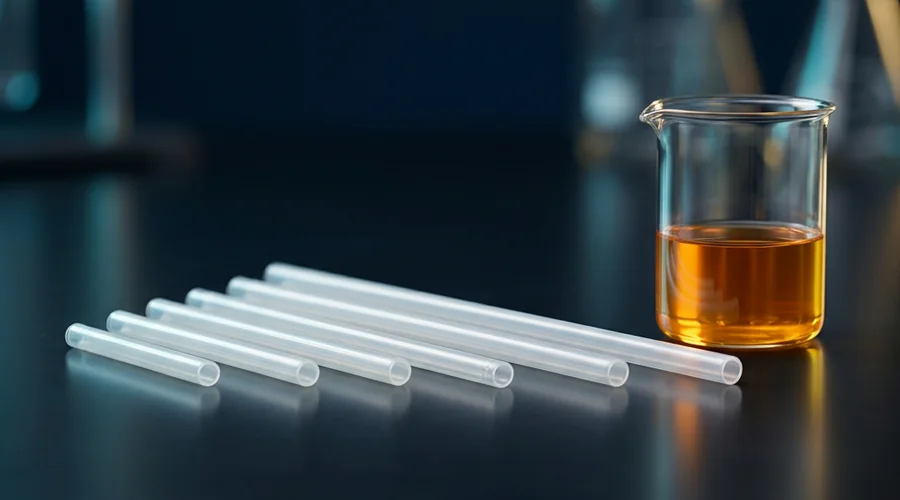 Several aerosol dip tubes of different lengths laid out beside a beaker of amber liquid for length comparison — Global Aerosols diagram