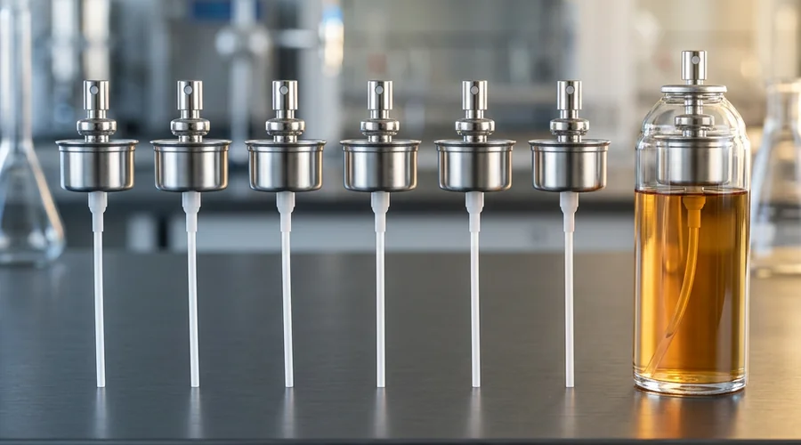 Aerosol valve assemblies with attached dip tubes in a row beside a glass cutaway can showing the liquid level — Global Aerosols infographic