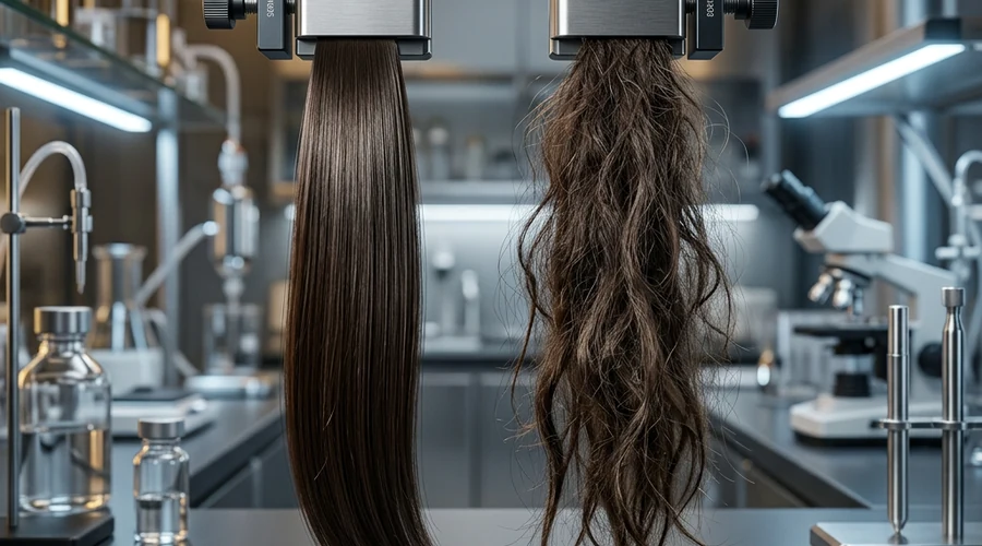 Side-by-side comparison of smooth conditioned hair tress versus tangled untreated hair tress — Global Aerosols infographic