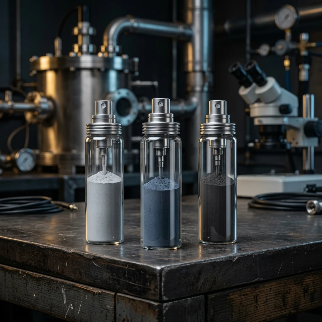 Aerosol Dry Lubricants comparison infographic — three dry lubricant aerosol cans containing PTFE MoS2 and graphite on dark industrial bench | Global Aerosols