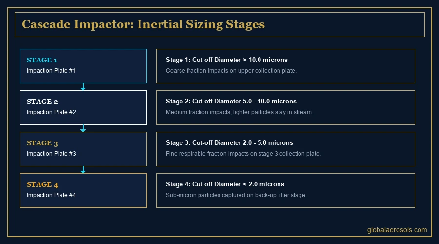 cascade impactor stages showing droplet size aerosol separation stages — Global Aerosols diagram
