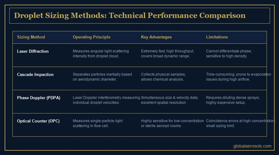 droplet size aerosol measurement methods comparison — Global Aerosols infographic