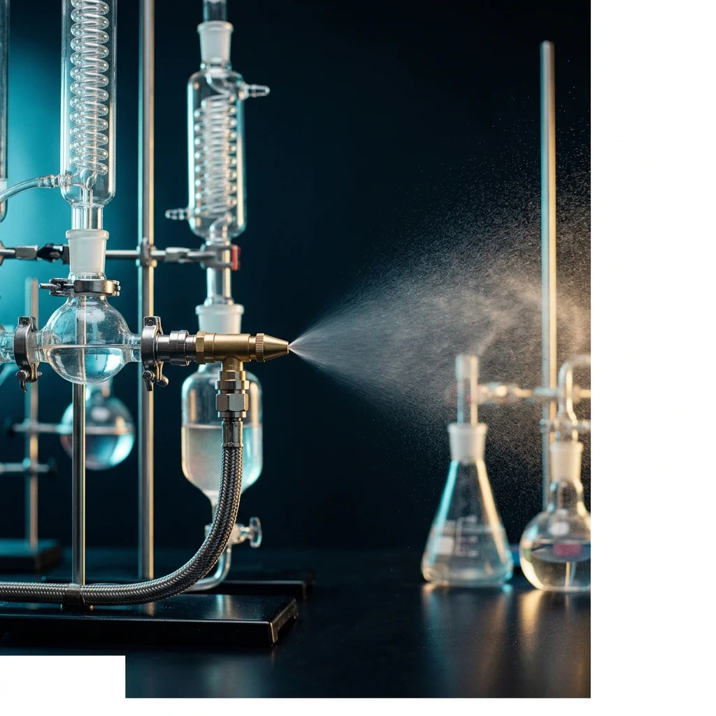 Bag-on-Valve Technology process diagram — laboratory spray pattern testing under dim lighting — Global Aerosols