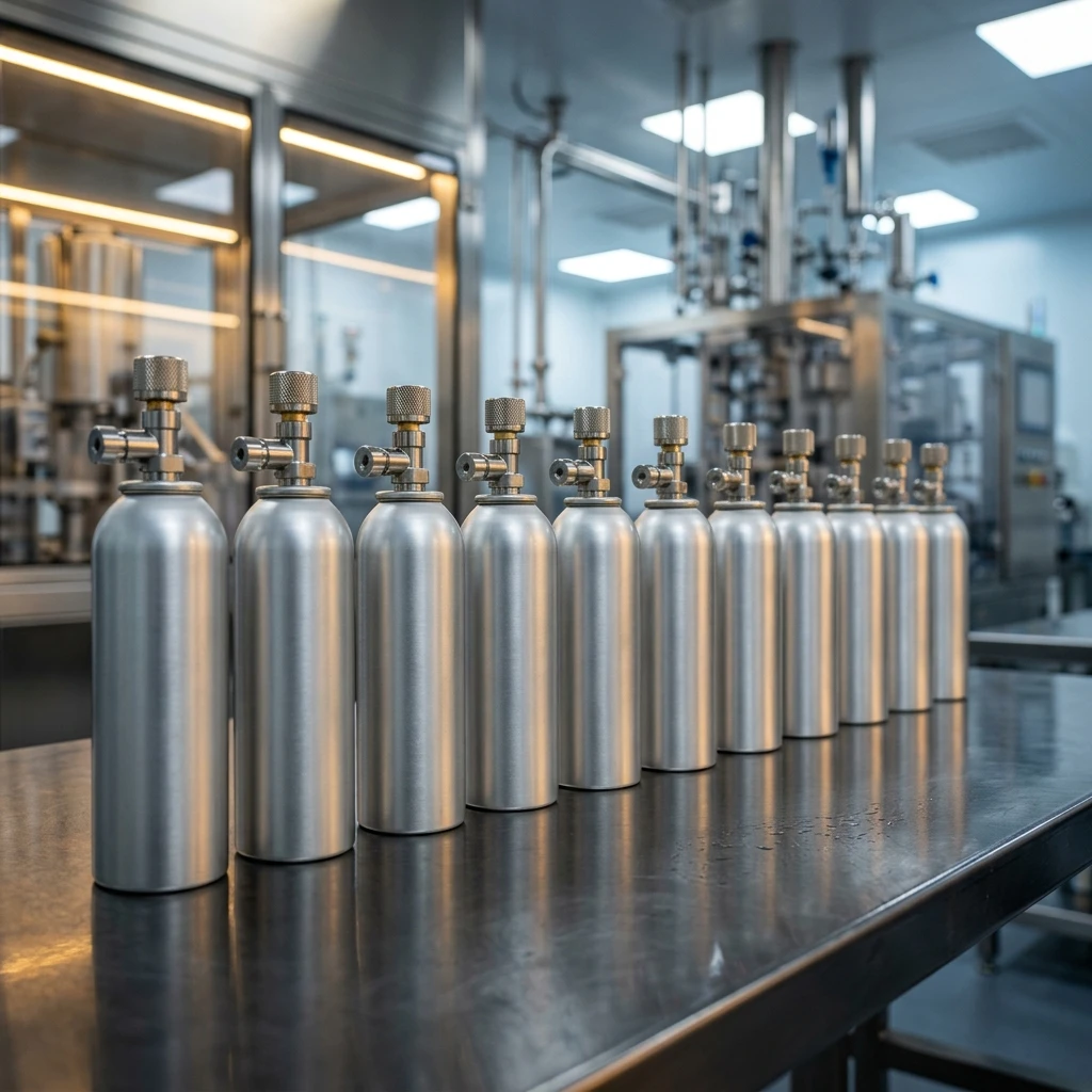 Bag-on-Valve Technology comparison infographic — rows of sterile pharmaceutical cans in factory — Global Aerosols