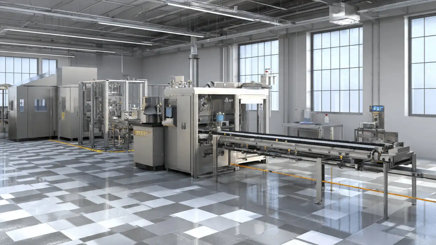 Factory floor view of an aerosol filling line inside a manufacturing plant