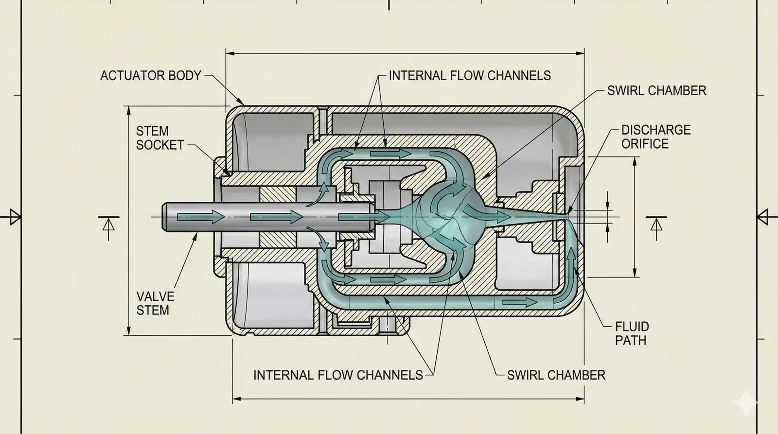 Cutaway view of aerosol actuator internal flow channels and swirl chamber — Global Aerosols