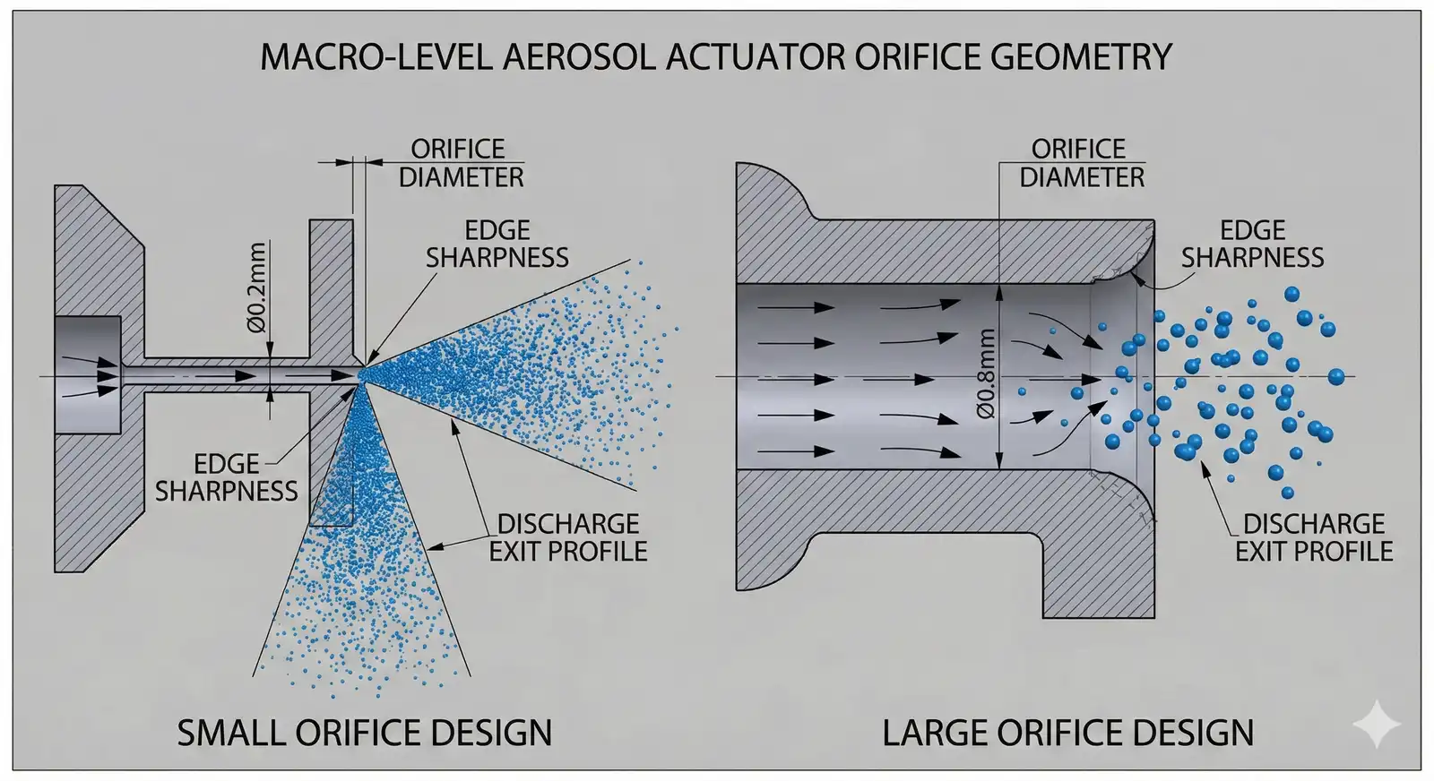 Aerosol actuator orifice geometry diagram showing effect on spray atomization — Global Aerosols