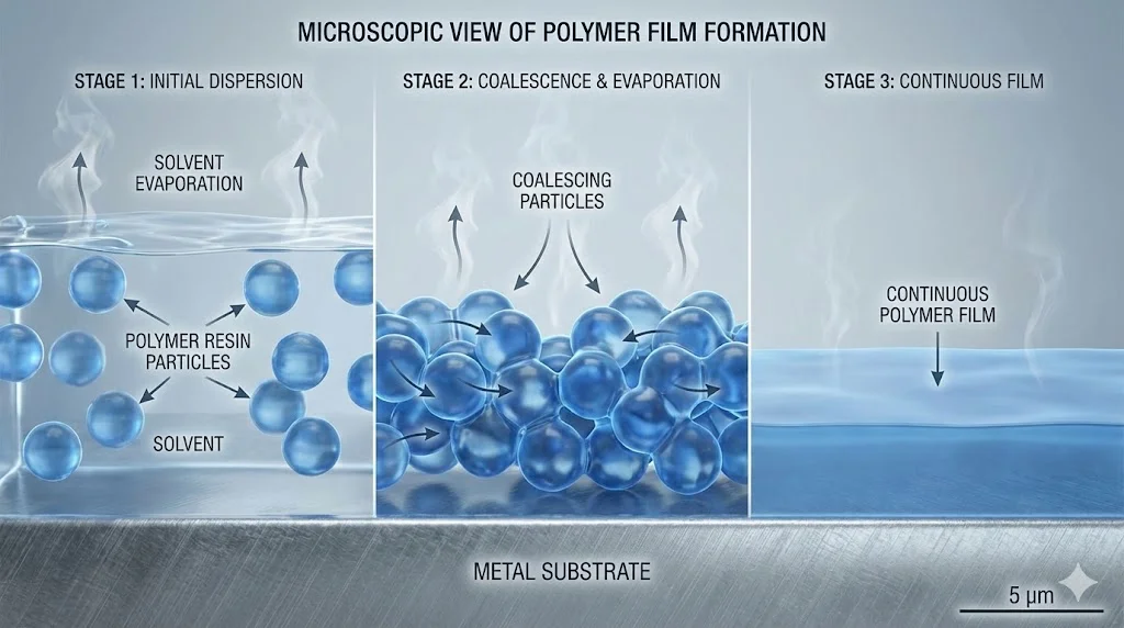Microscopic view of resin binder forming a continuous film after solvent evaporation in aerosol coating
