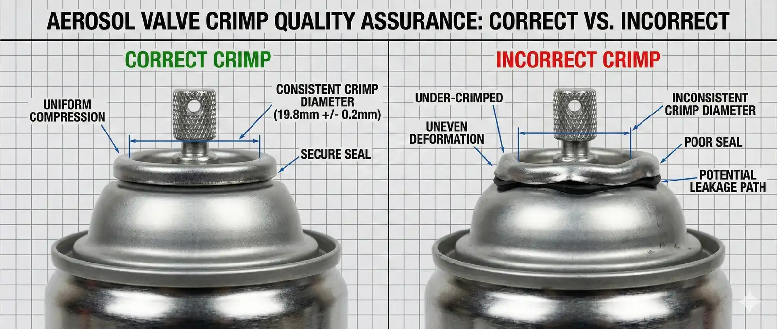 Correct versus incorrect aerosol can crimp profile comparison showing under-crimping and over-crimping defects — Global Aerosols