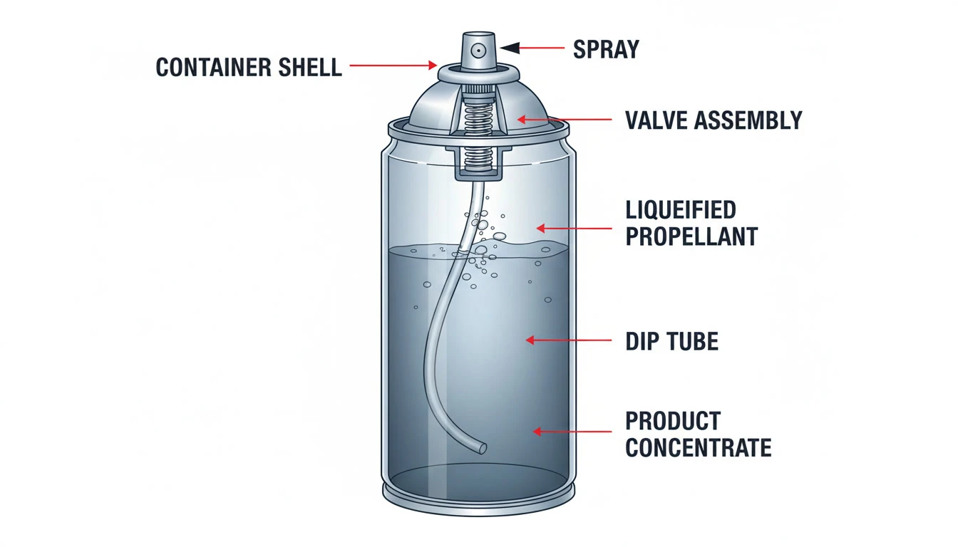 Cross sectional diagram of an aerosol can showing formulation chamber, propellant, valve assembly and dip tube