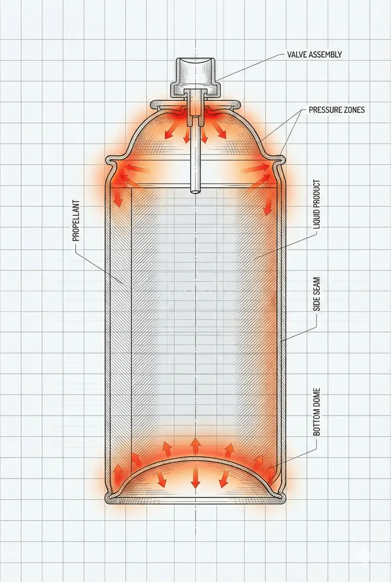 Aerosol can side seam and bottom dome pressure stress zones where structural leakage develops — Global Aerosols