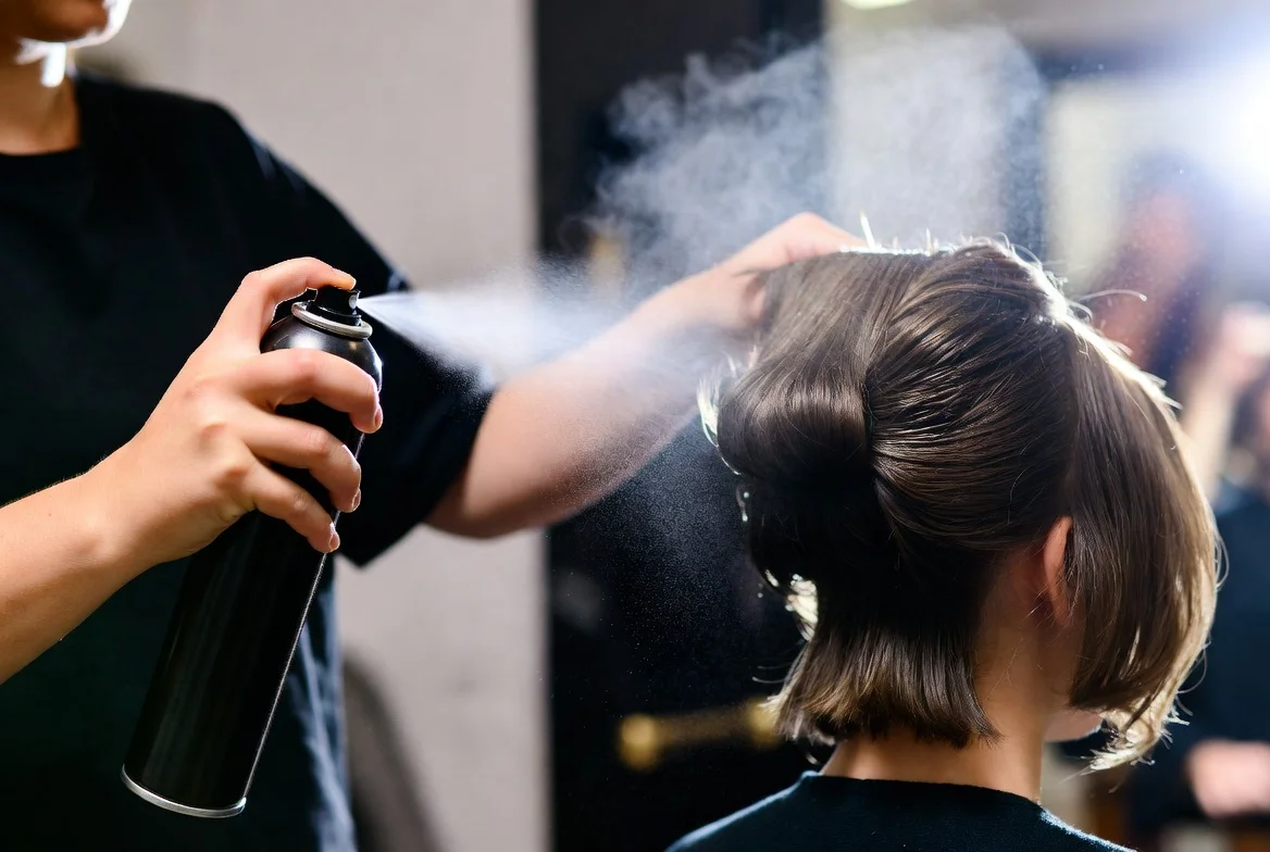 Hair spray aerosol visible mist during salon styling