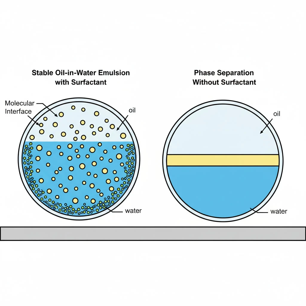 Diagram showing stable emulsion versus phase separation in aerosol formulations with and without surfactants