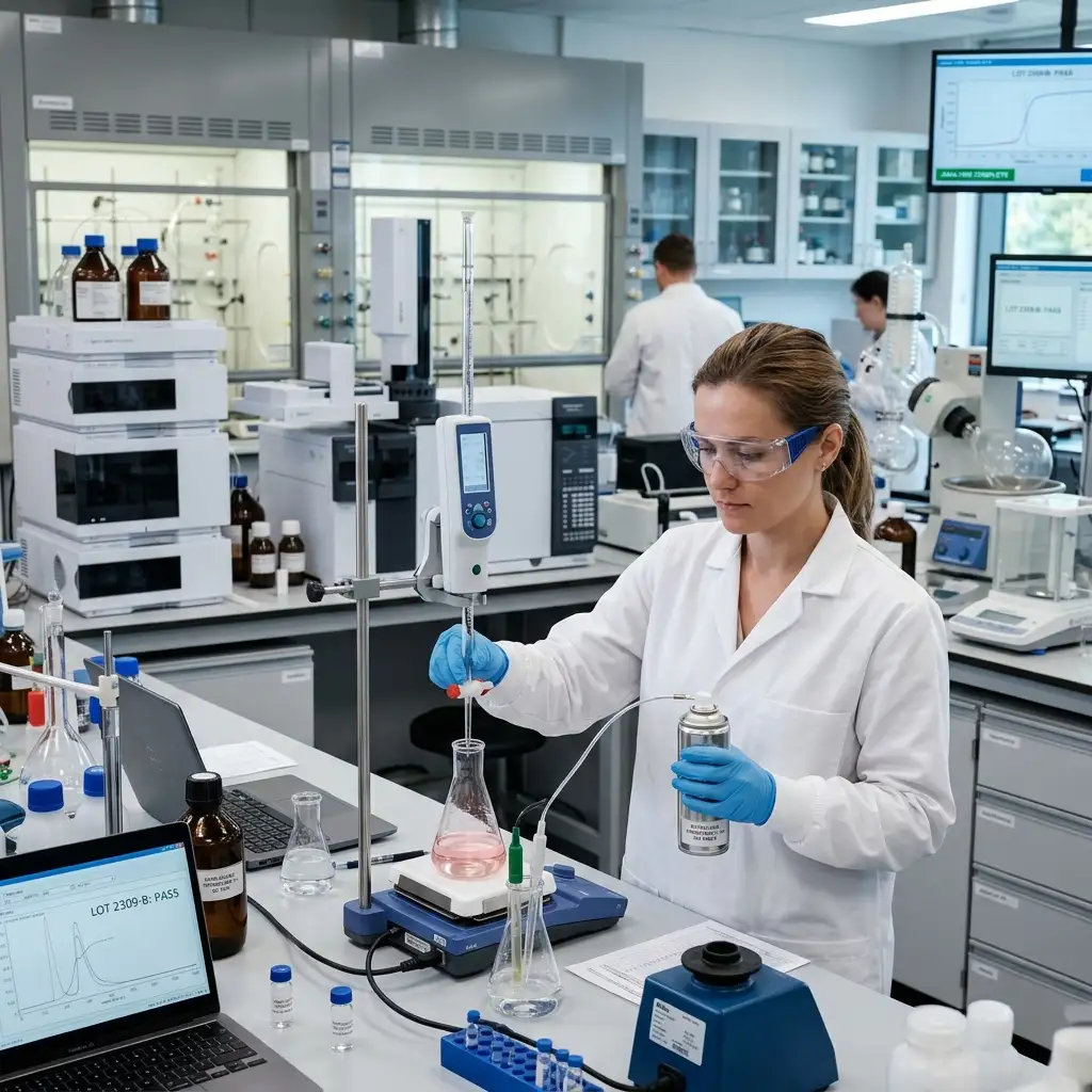 Scientist in a lab coat and safety glasses testing an aerosol can and formulation sample on laboratory equipment — Global Aerosols