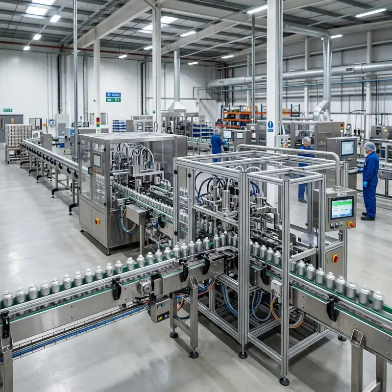 Automated aerosol filling line with cans on a conveyor and operators at control panels in a factory — Global Aerosols