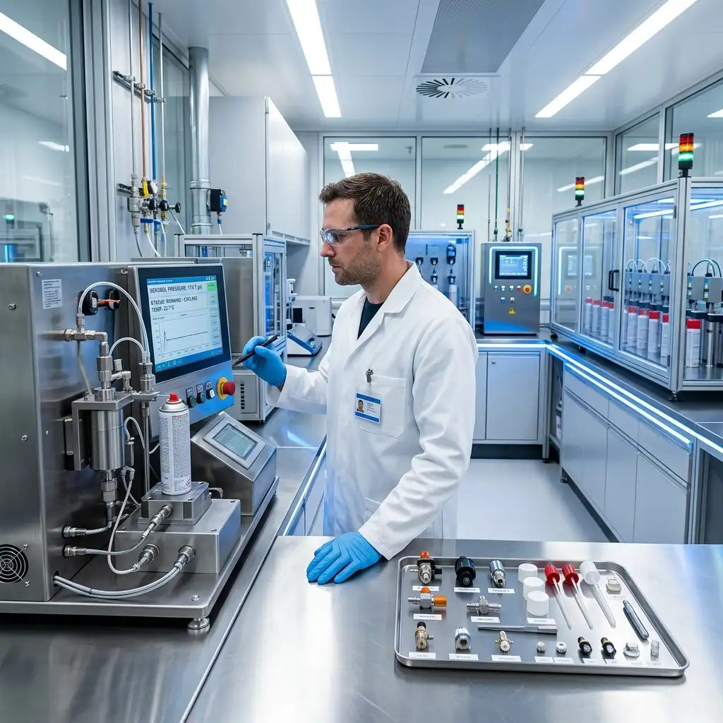 Technician running an aerosol pressure test in a quality control laboratory for batch COA data — Global Aerosols