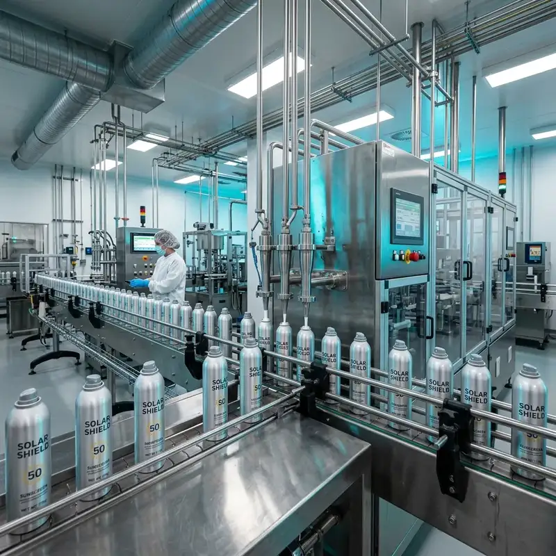 Automated aerosol sunscreen pressure filling machinery line in operation — Global Aerosols