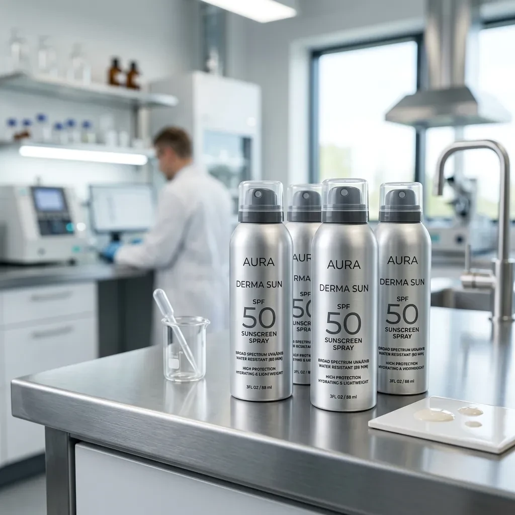 Premium aluminum aerosol sunscreen cans in a cosmetic production testing facility — Global Aerosols