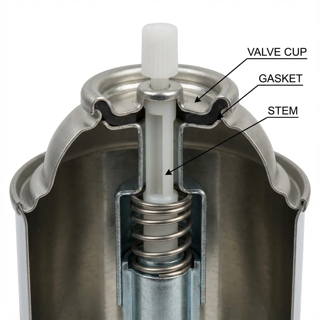Close up cutaway view of aerosol valve and crimping seal showing gasket, stem and valve cup