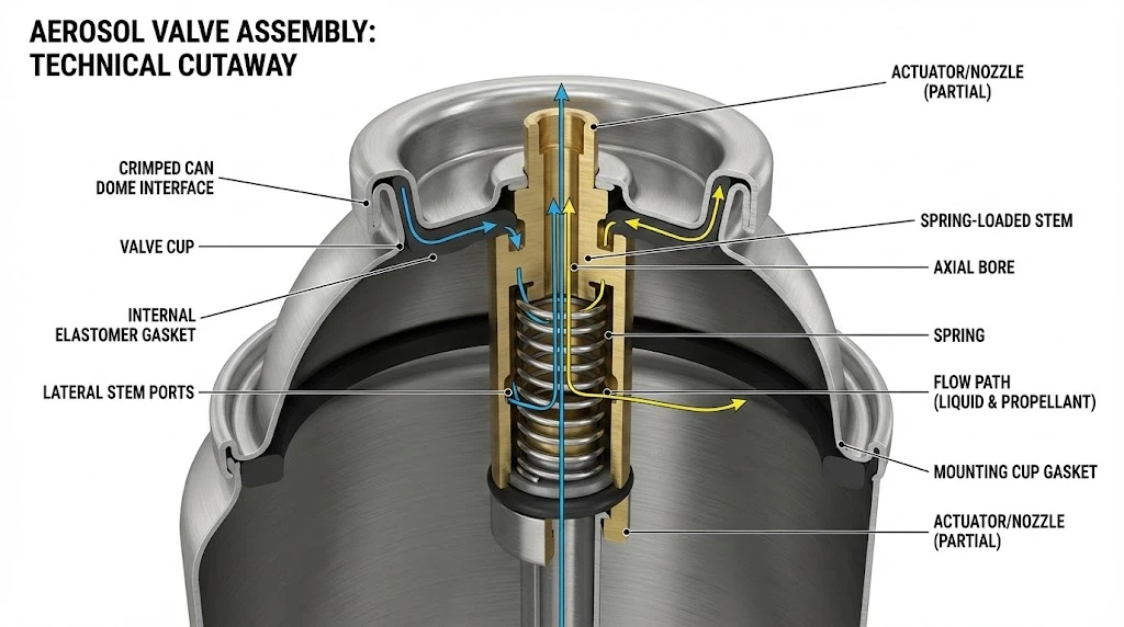 Cutaway diagram of aerosol valve showing valve cup, gasket, stem ports, spring and internal flow path