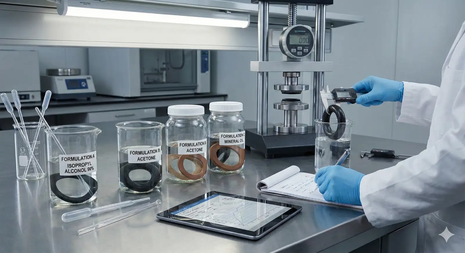 Laboratory immersion soak test setup measuring aerosol valve gasket swelling and compatibility — Global Aerosols