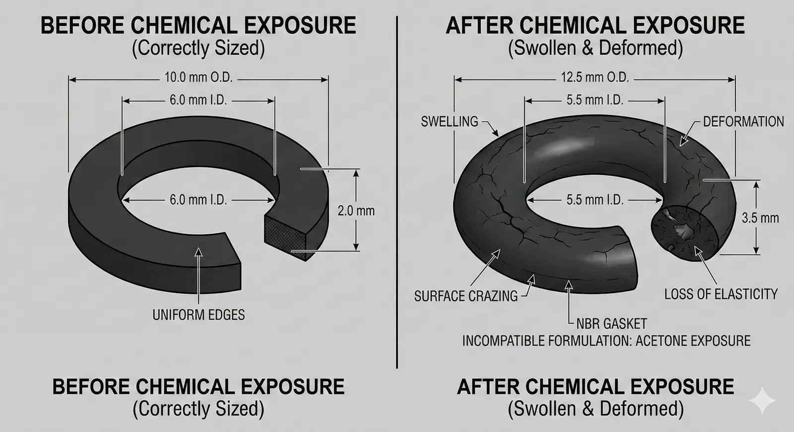 Aerosol valve gasket showing swelling failure after chemical incompatibility with the formulation — Global Aerosols