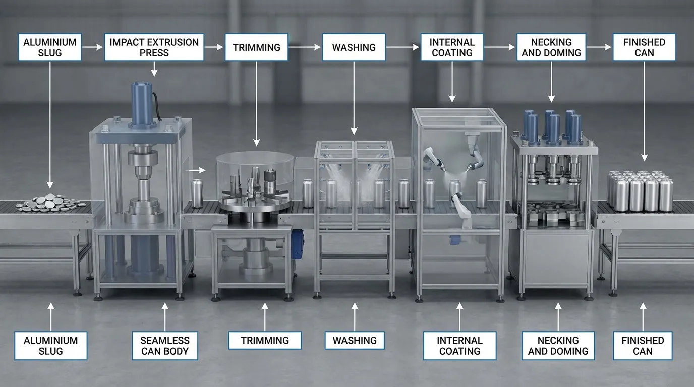 Sequence of aluminium aerosol can manufacturing: slug to impact extrusion, trim, lacquer, necking, finished can — Global Aerosols