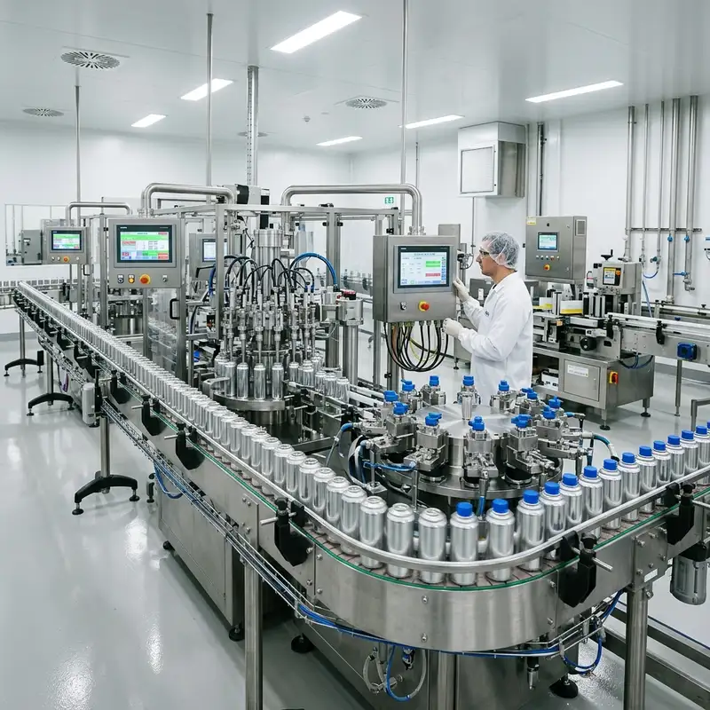 Automated aerosol filling line with cans on a conveyor and an operator at a control panel in a clean production facility — Global Aerosols