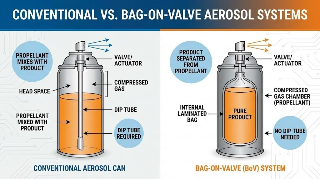 Comparison of bag on valve aerosol system versus conventional aerosol can internal structure