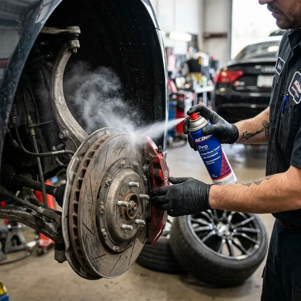 Mechanic in gloves spraying aerosol brake cleaner onto a car's disc brake and caliper — Global Aerosols