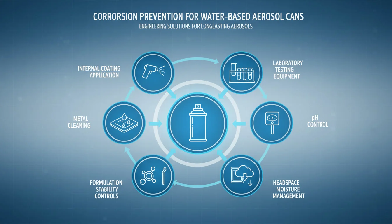 Infographic illustrating industrial corrosion-prevention methods for water-based aerosol cans