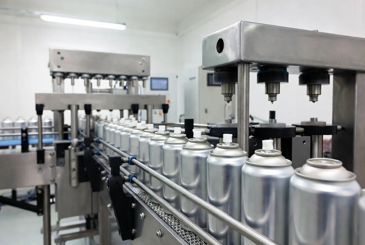 Cosmetic aerosol manufacturing line with filling and crimping machines
