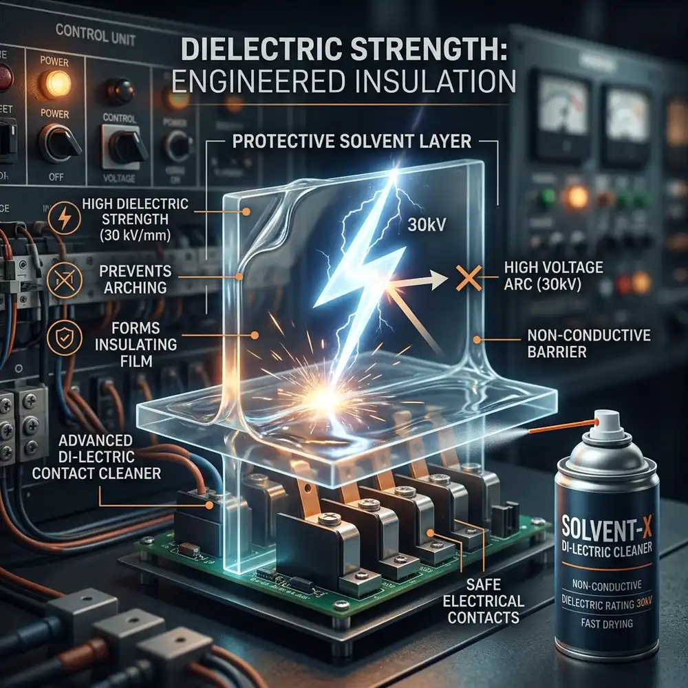 Illustration of a dielectric solvent layer blocking a high-voltage arc above electrical contacts beside a contact cleaner can — Global Aerosols