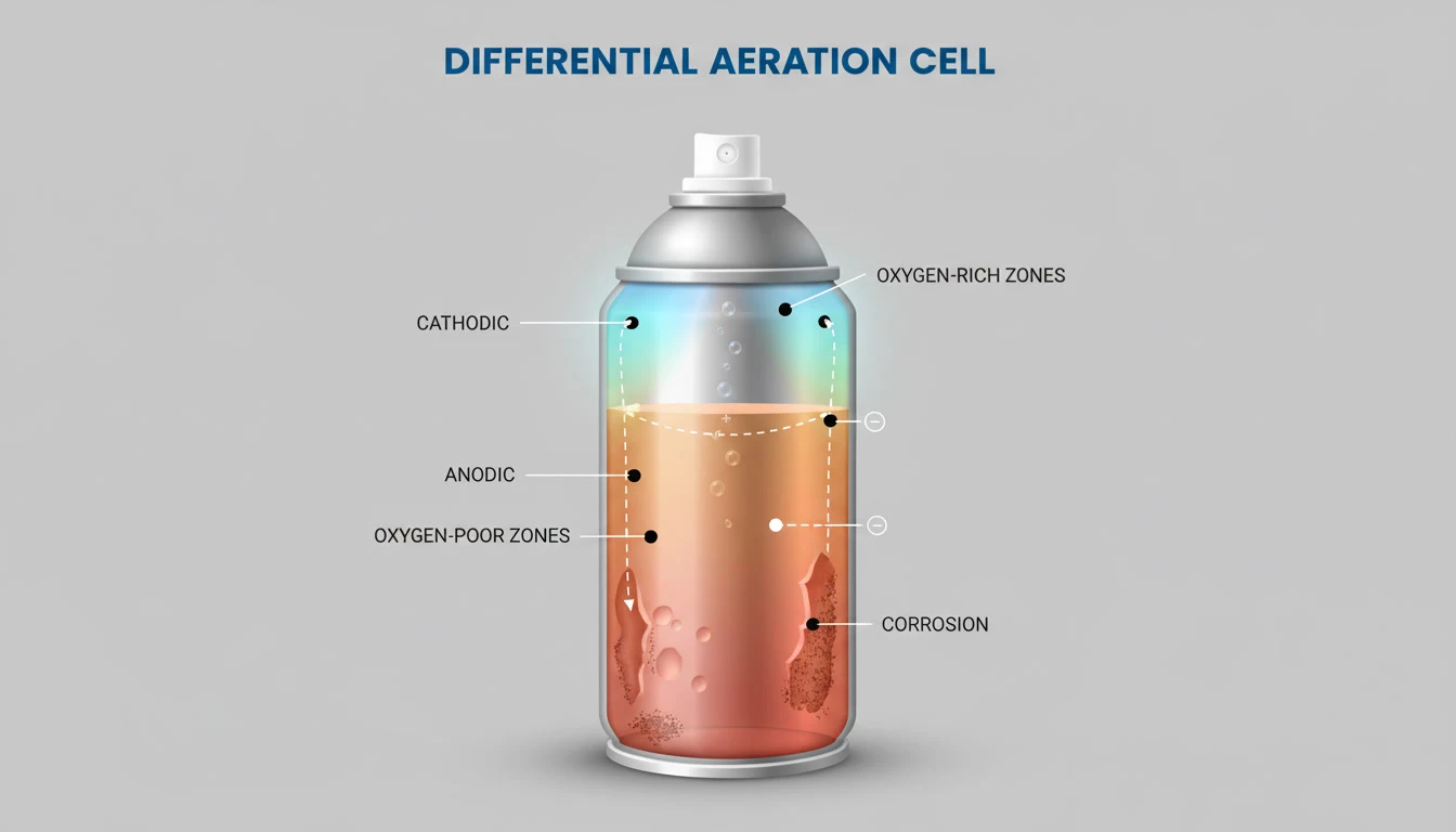 Illustration showing differential aeration cells inside an aerosol can with anodic and cathodic regions