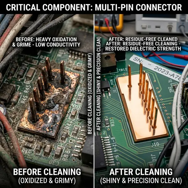 Multi-pin connector before and after electrical contact cleaning, showing oxidized grime removed and clean copper pins — Global Aerosols