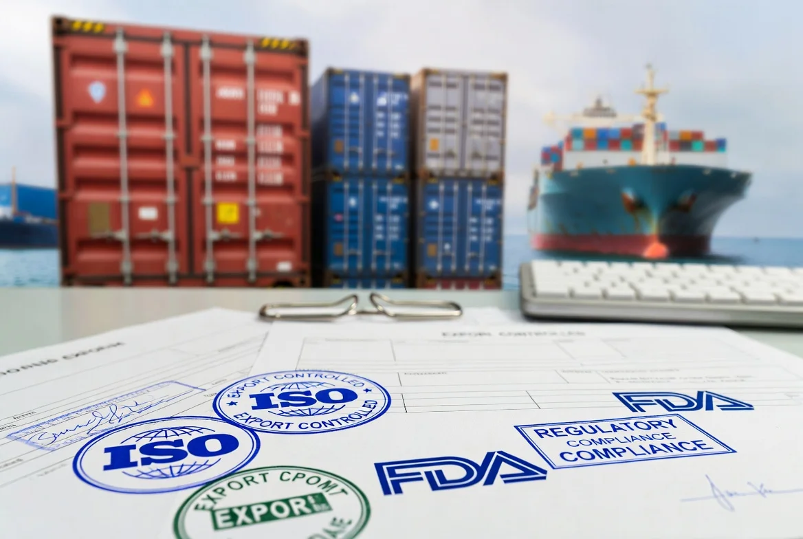 Export compliance and international certification workflow for manufactured products