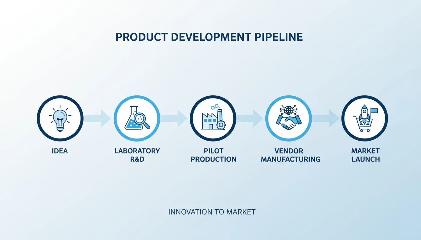 Diagram outlining the five stages of product development workflow: specification development, lab R&D, process mapping, pilot trials, and commercial launch