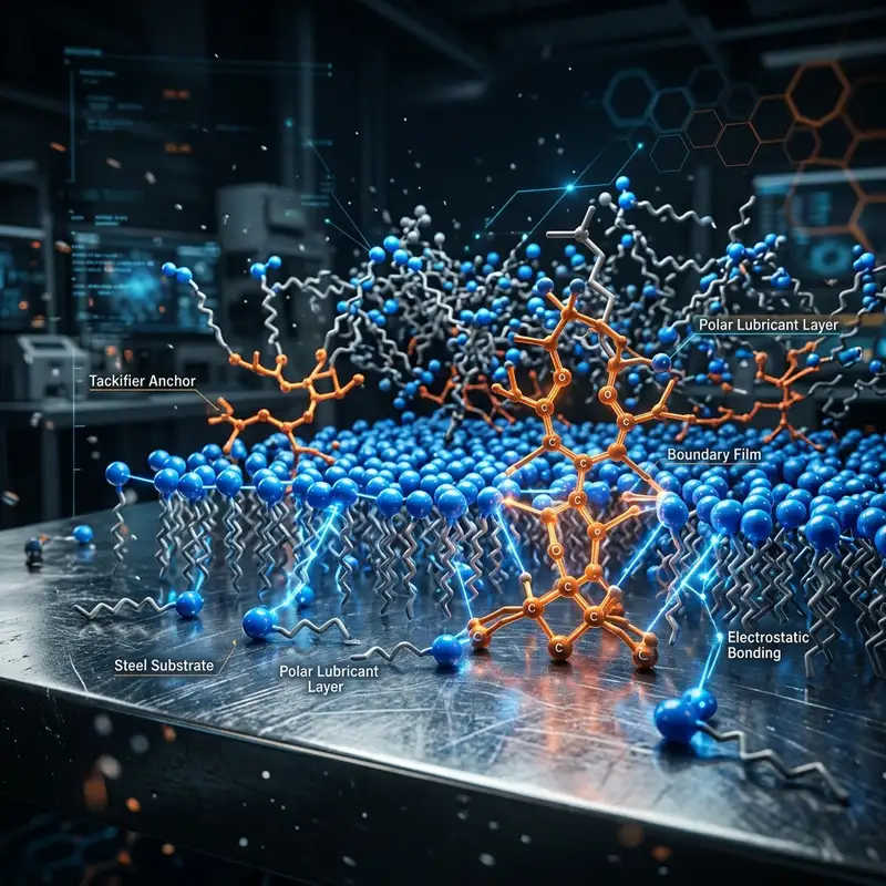 Technical visualization of polar lubricant molecules bonding to a steel chain surface — Global Aerosols