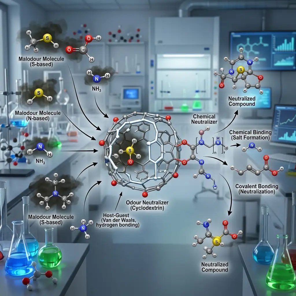 Diagram of malodour molecules captured by a cyclodextrin odour neutralizer or chemically neutralized — Global Aerosols