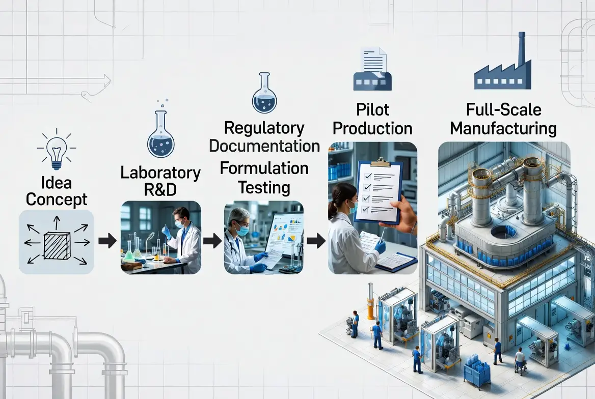 Product development lifecycle from concept validation to commercial manufacturing scale-up