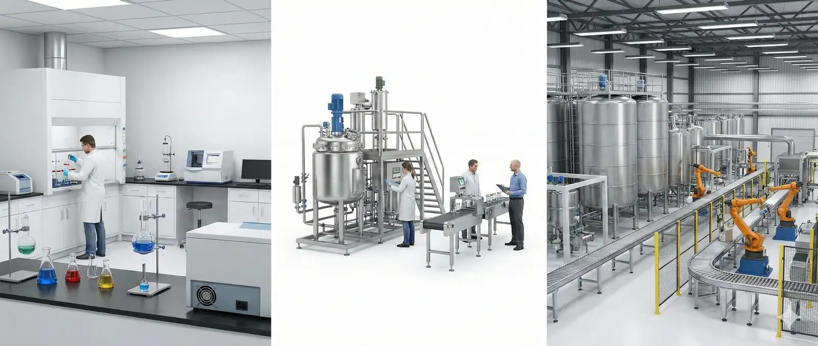 Aerosol scale-up process flow from R&D to pilot to commercial manufacturing