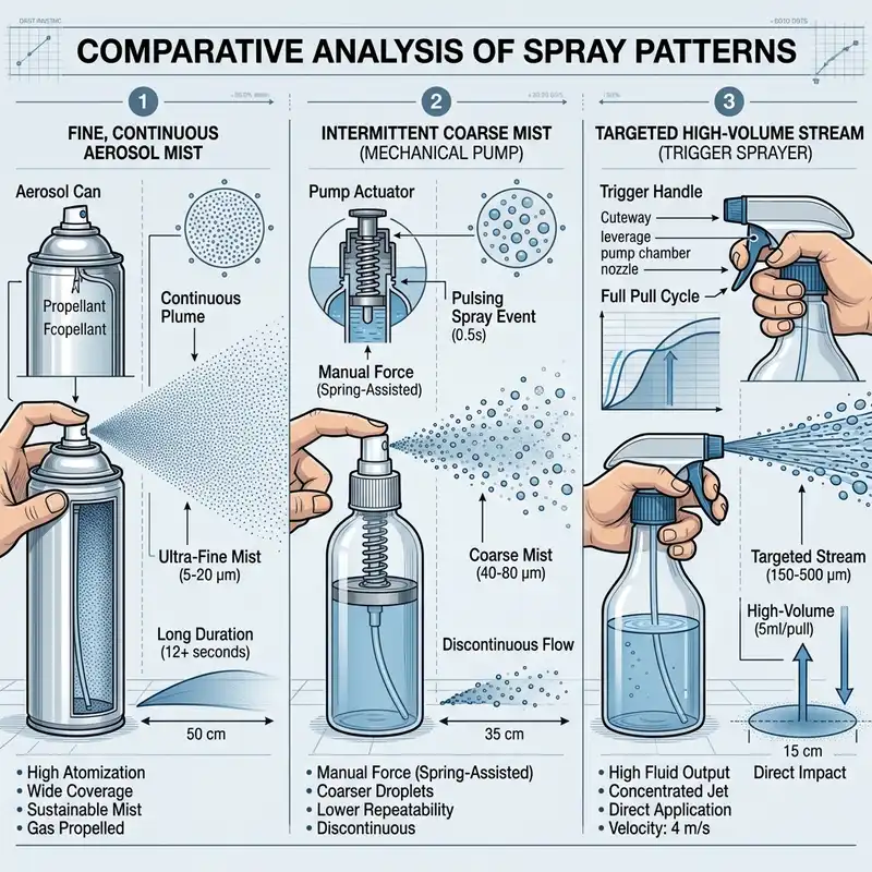 Infographic comparing the spray patterns of an aerosol can, a pump sprayer, and a trigger sprayer — Global Aerosols