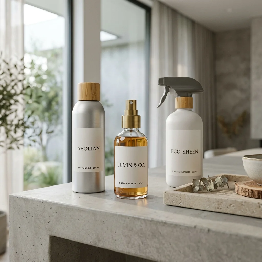 Three spray packages on a countertop: an aluminum aerosol-style bottle, a glass fine-mist pump bottle, and a trigger spray bottle — Global Aerosols