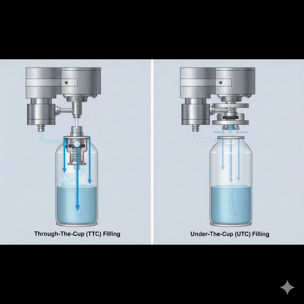 Technical diagram comparing Through-the-Valve and Under-the-Cup aerosol propellant gassing methods — Global Aerosols