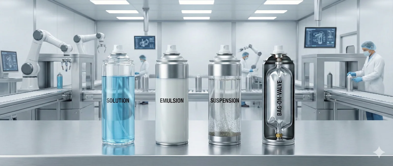 Types of aerosol systems including solution, emulsion, suspension and bag-on-valve illustrated in an industrial setting