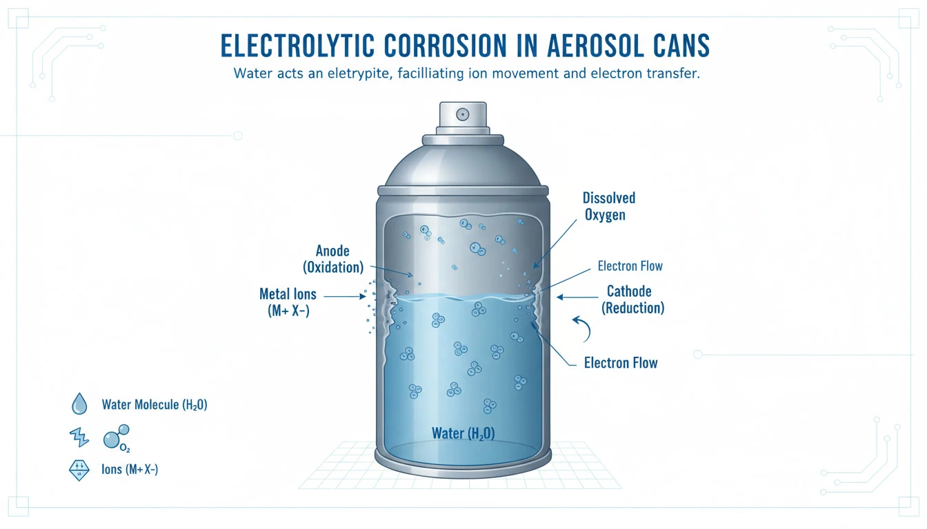 Diagram explaining water acting as an electrolyte in a metal aerosol can showing ion flow