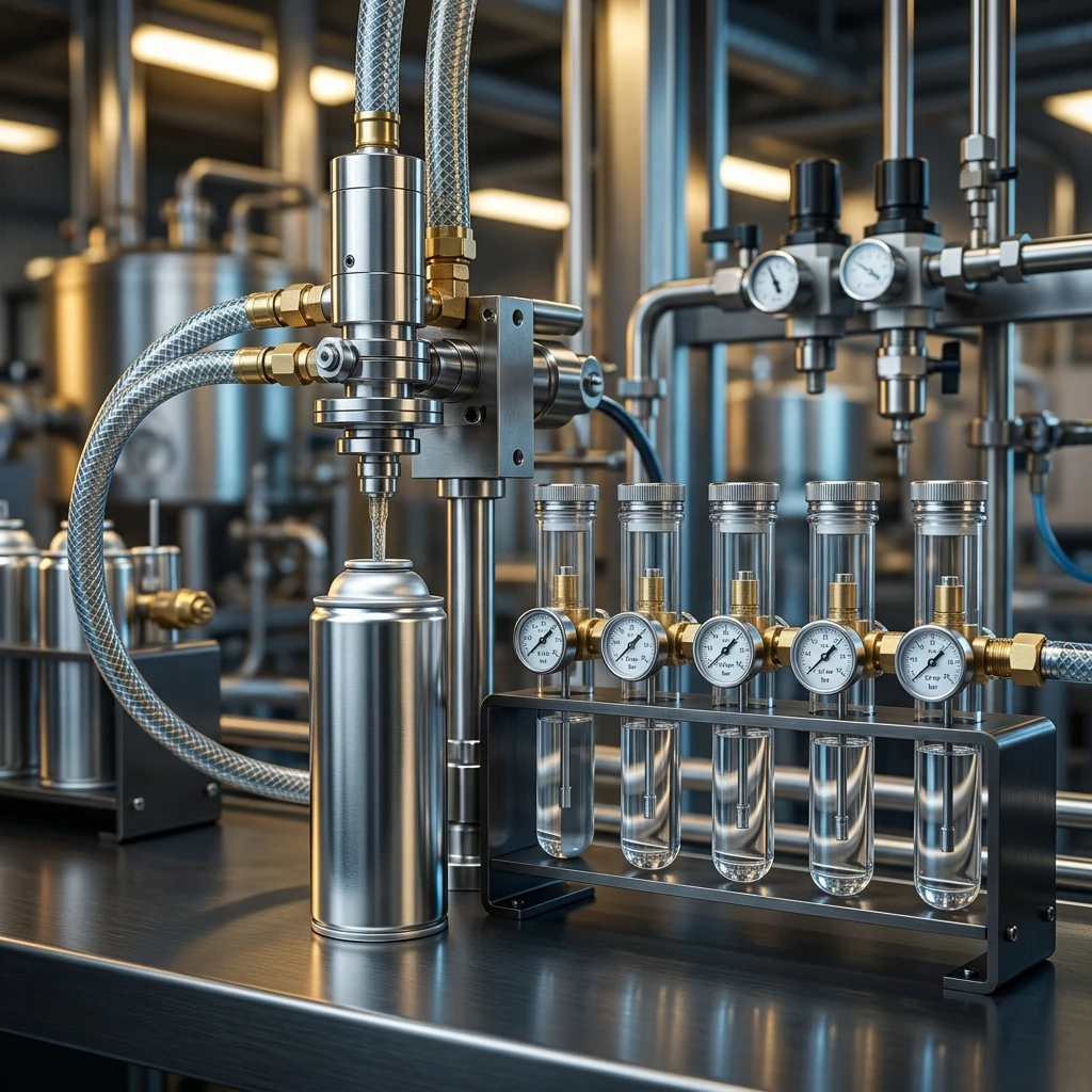 aerosol filling line with pressure gauges for DME propellant — Global Aerosols infographic