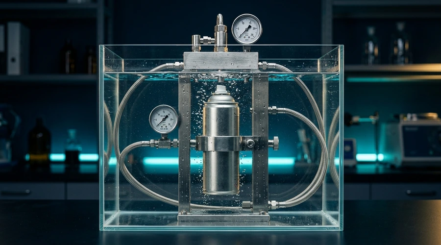 EU aerosol pressure testing process diagram — hot water bath compliance verification apparatus | Global Aerosols diagram