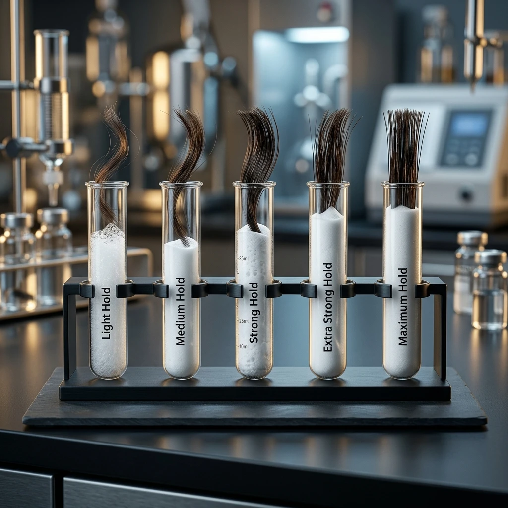 Hair Mousse Aerosol Technology comparison infographic — comparison of different mousse hold levels on hair strands under editorial lighting | Global Aerosols