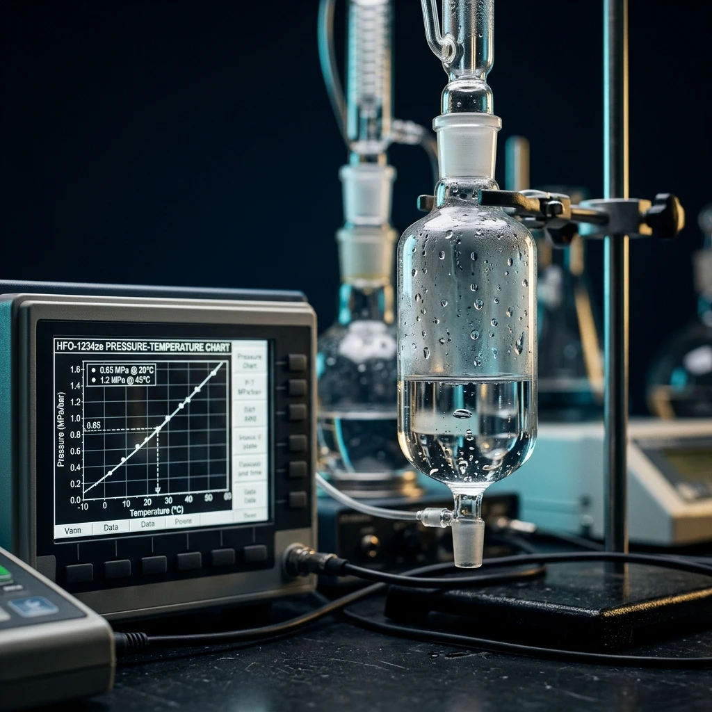 HFO-1234ze pressure-temperature chart on laboratory measurement instrument display — Global Aerosols diagram